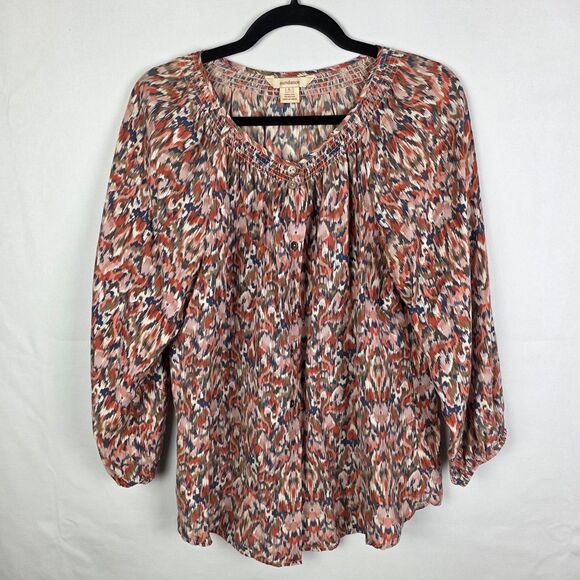 Sundance Womens Top Blouse Sz Large 100% Silk Floral Ikat Boho Button Up Career - Picture 1 of 5